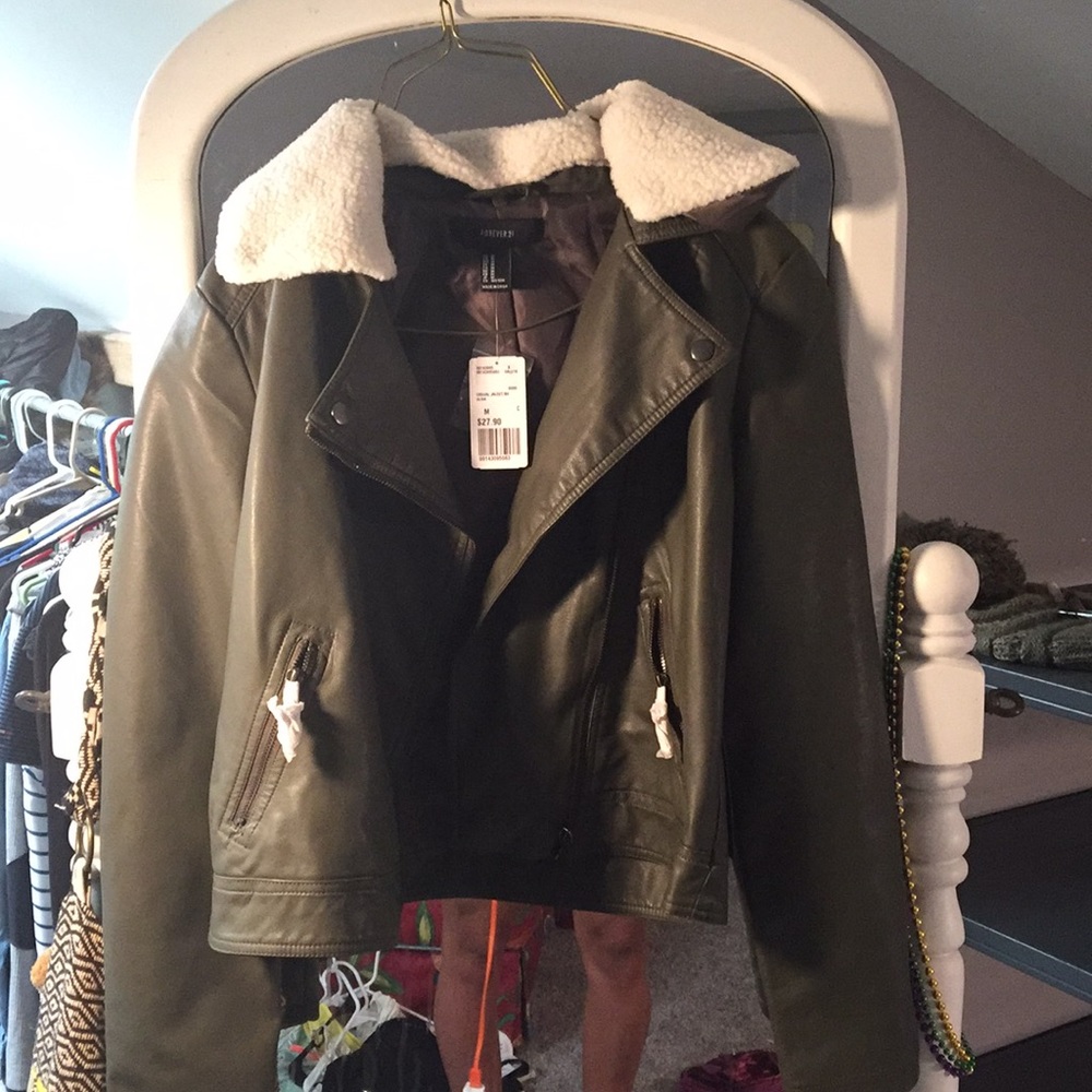 Green/Olive leather and fur Forever 21 jacket